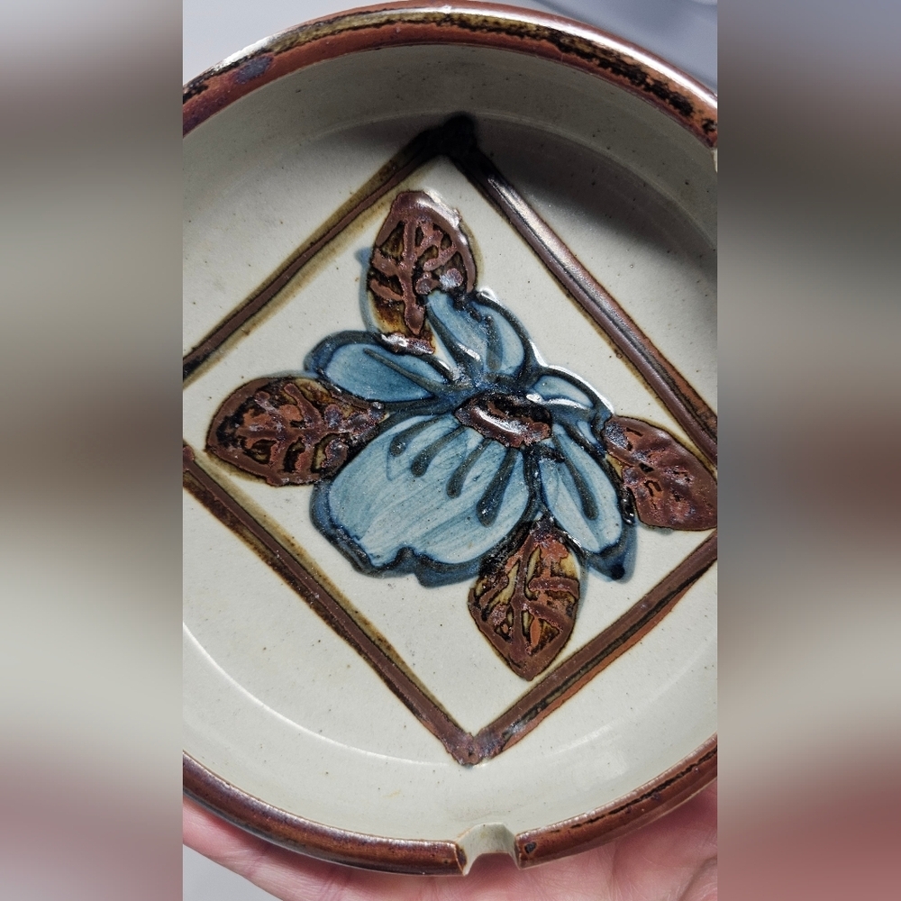 Vintage Hand Crafted Otagiri Original Speckled Stoneware Pottery Floral Ashtray - Picture 2 of 13